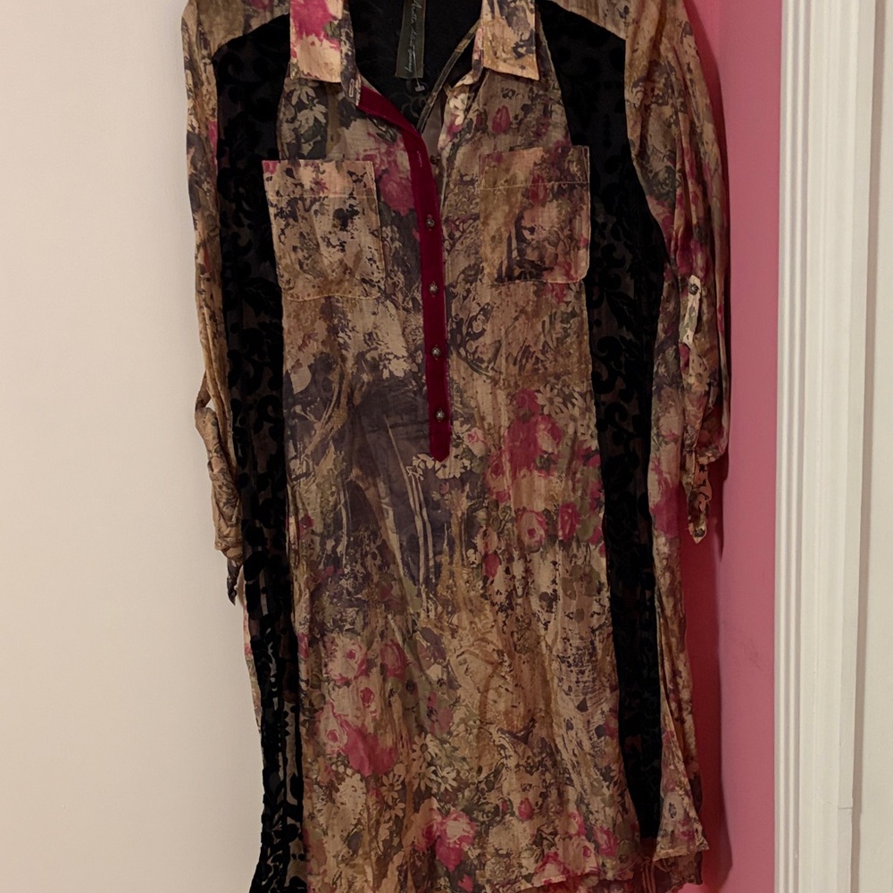 Floral Mixed-Print Tunic Dress in Beige and Burgundy
